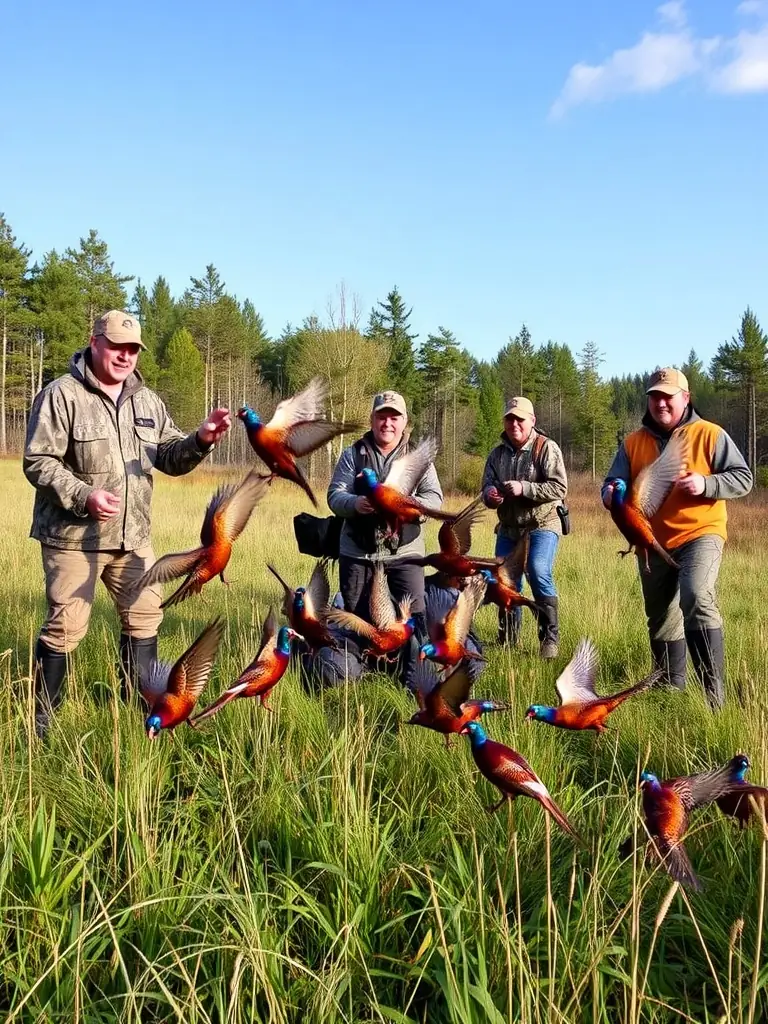 A photograph depicting volunteers from SOCIETE AMICALE DES CHASSEURS DE SAINT-LOUP DES CHAUMES releasing pheasants into a protected area, showcasing their commitment to game repopulation.