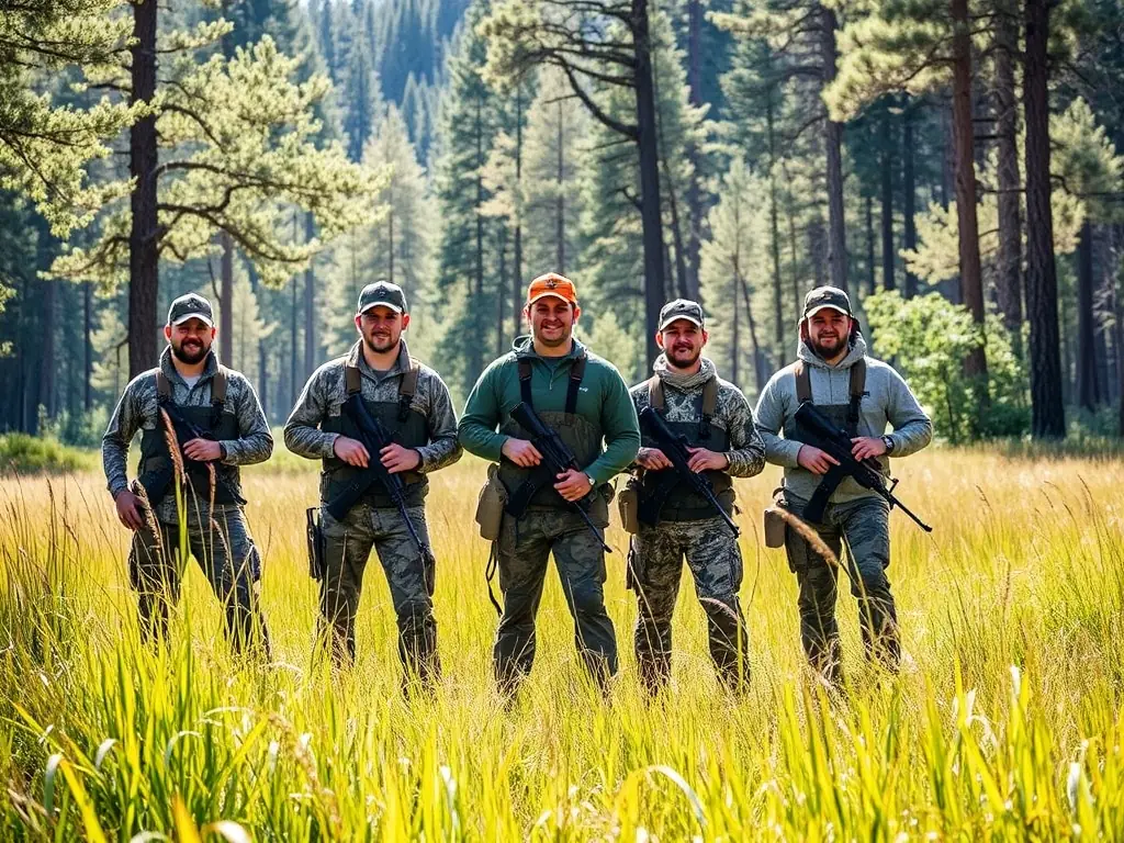 Une image illustrant une équipe de chasseurs et de gestionnaires de la faune en pleine action dans un espace naturel préservé, avec des animaux sauvages en arrière-plan.