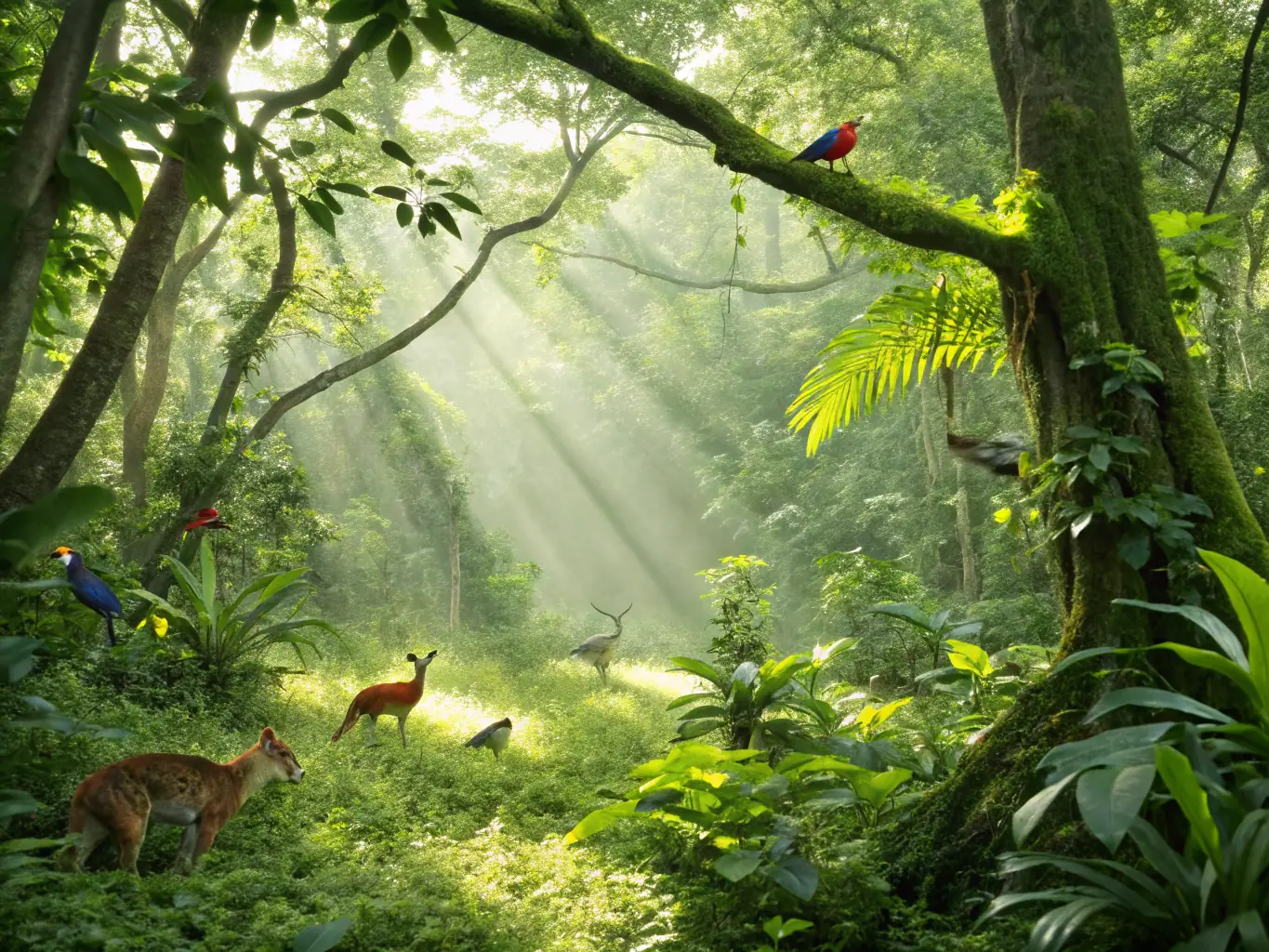 A lush forest scene with diverse plant life, representing the organization's dedication to habitat restoration and biodiversity conservation.