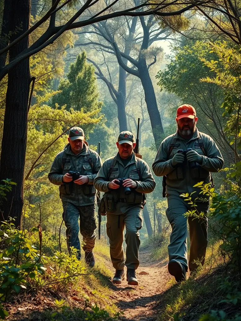A photograph showing members of SOCIETE AMICALE DES CHASSEURS DE SAINT-LOUP DES CHAUMES inspecting a snare during an anti-poaching patrol in the forest.