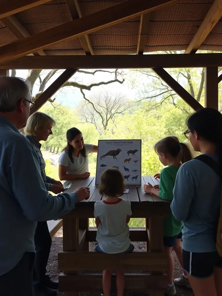 A photograph of SOCIETE AMICALE DES CHASSEURS DE SAINT-LOUP DES CHAUMES members leading an educational workshop for local children about wildlife conservation.