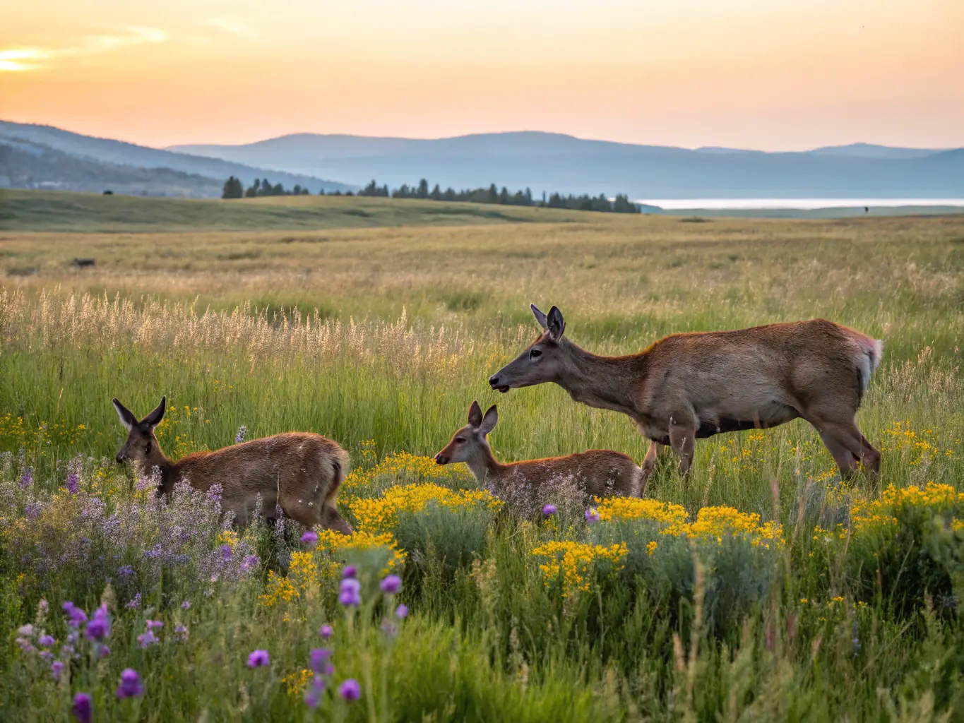 A serene landscape featuring a group of deer grazing peacefully in a meadow, symbolizing the organization's commitment to wildlife preservation and habitat conservation.