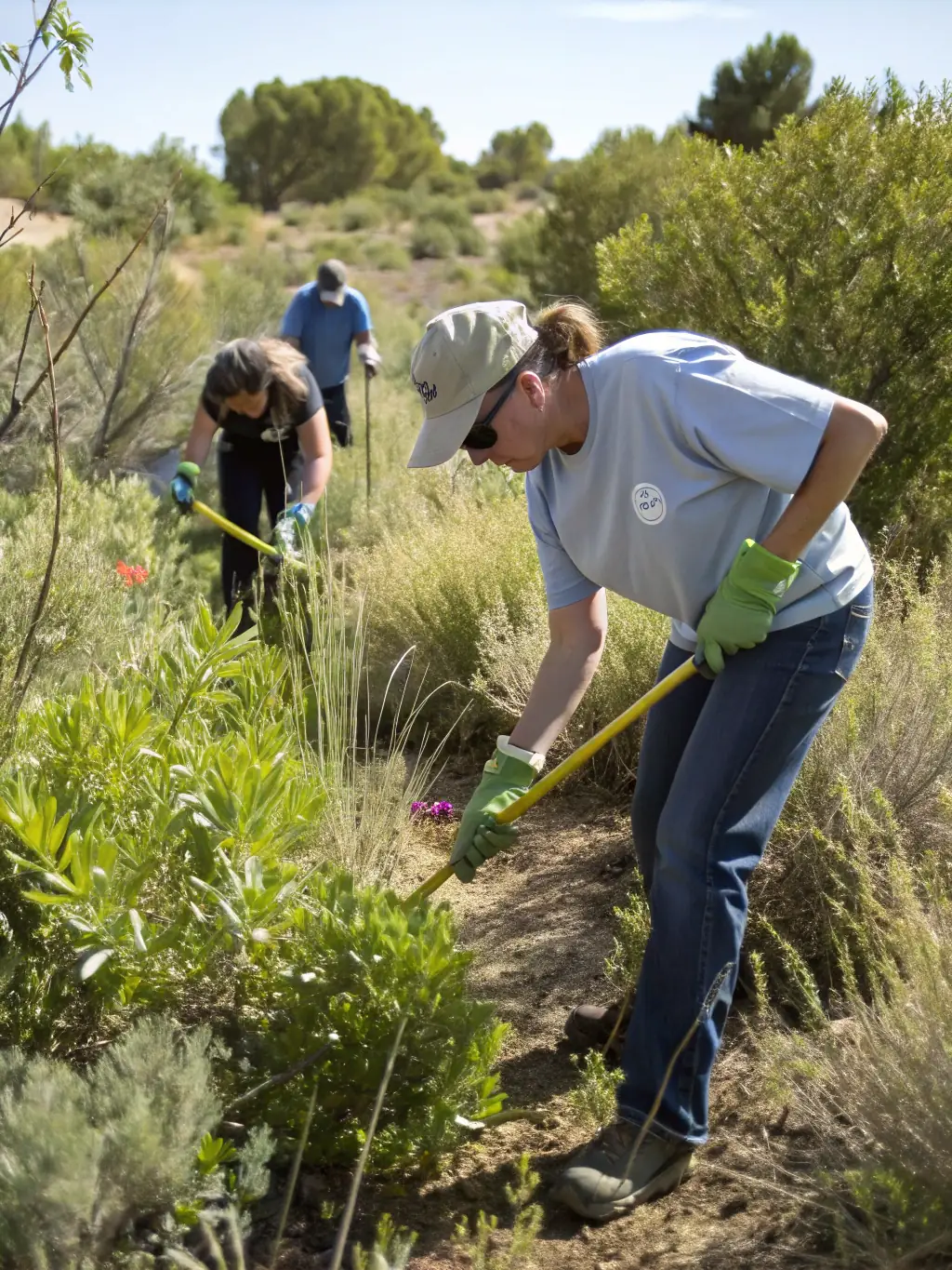 A photograph of SOCIETE AMICALE DES CHASSEURS DE SAINT-LOUP DES CHAUMES members clearing invasive species from a local wetland area to improve habitat for native wildlife.